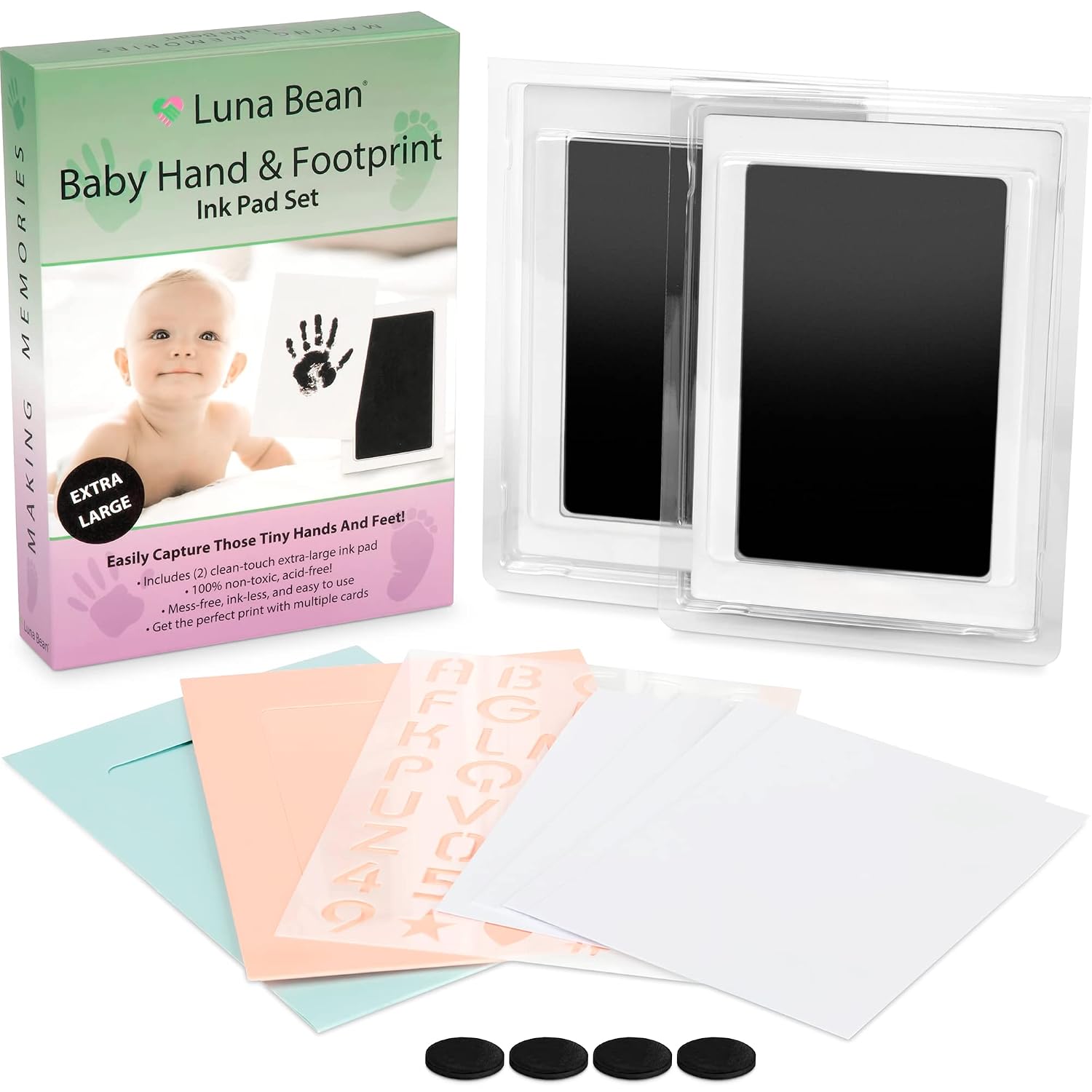 Luna Bean Baby Hand and Footprint Kit - Non-Toxic Baby Keepsake Inkless Hand and Footprint Kit -13 Piece Baby Footprint Kit Clean Touch Ink Pad for Baby Shower, Gender Reveal Gift & Newborn Keepsake