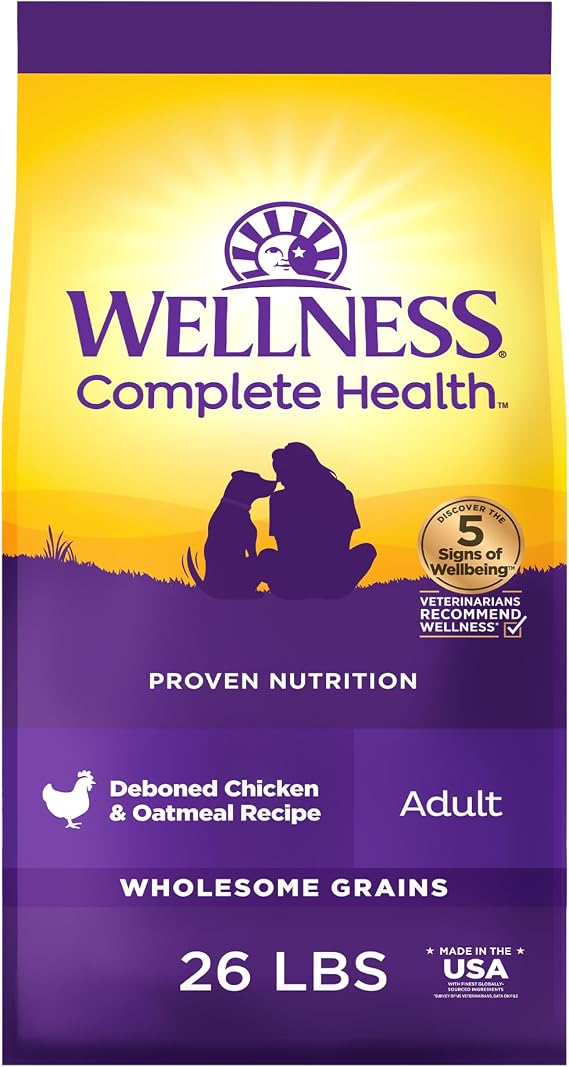 Wellness Complete Health Adult Dry Dog Food, Wholesome Grain Kibble, Natural, Chicken and Oatmeal Recipe, 26 lb Bag