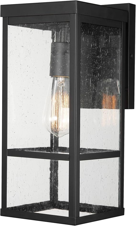 Globe Electric 44802 1-Light Outdoor Wall Sconce, Matte Black, Seeded Glass Shade, Weather Resistant Exterior Wall Light, Front or Back Porch Lights, Patio Lighting, Indoor Compatible