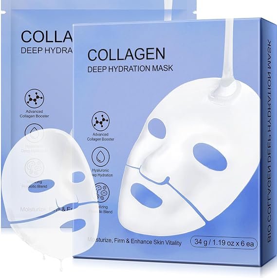 Bio Collagen Face Mask, Intense Hydration, Soothing & Hydrating Overnight Hydrogel Mask, Reduce Fine Lines & Wrinkles, Pore Minimizing, Elasticity Improvement, Anti Aging and Rejuvinating Sheets 6pcs