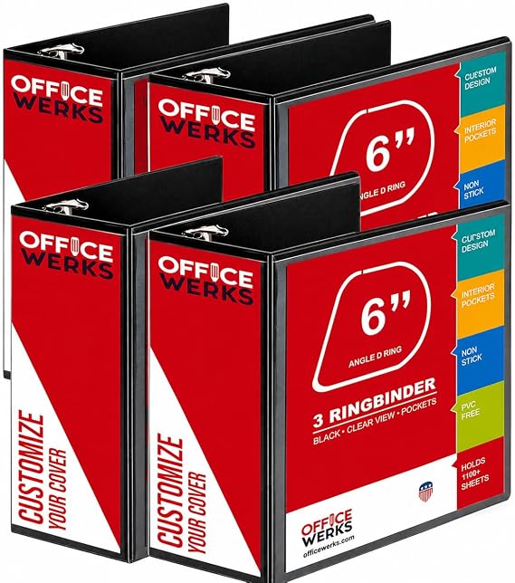 4 Pack 6 Inch 3 Ring Binder, Heavy Duty Locking D-Ring, Holds 1100+ Sheets