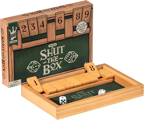 Schylling Shut the Box - Family Game of Strategy and Chance - Includes Collectible Wooden Game Box, Felt Bottom, Rounded Dice, and Detailed Instructions - Ages 6 and Up