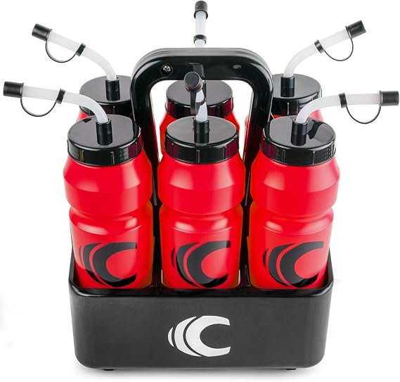 Cannon Sports 1 Liter Sports Water Bottle, BPA-Free, 34oz Capacity, Large Mouth, 2 lids (Straw & Squeeze) with Carrier, Great For Helmet Sports Such As Hockey, Lacrosse, Football, Boxing (Red)