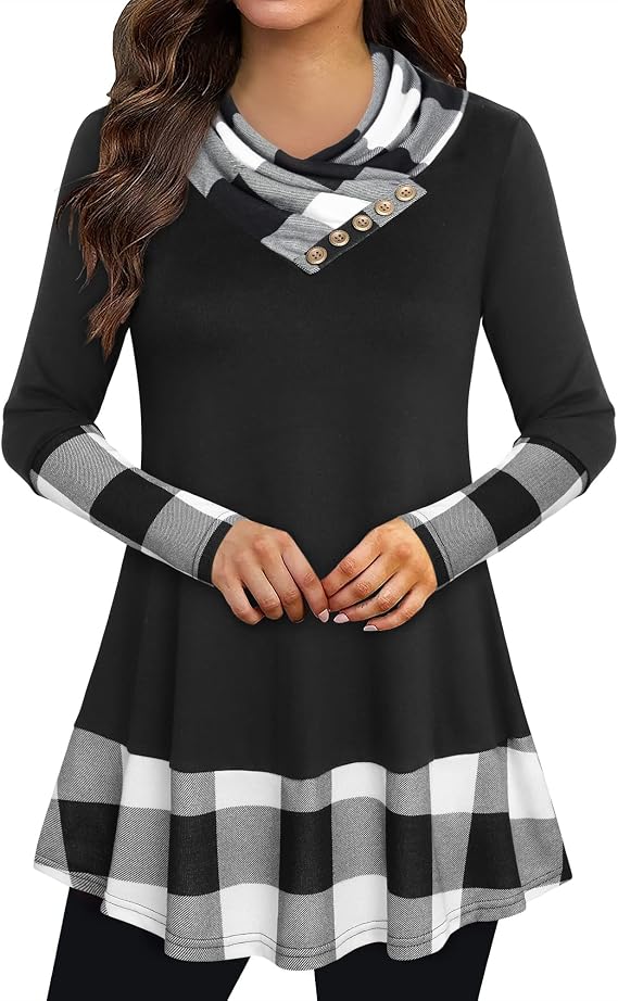 Bebonnie Cowl Neck Tunics Long Sleeve Patchwork Form Fitting Casual A-Line Top Blouse
