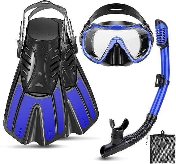 Snorkeling Gear for Kids Adults, 4 in 1 Travel Mask Fins Snorkel Set with Panoramic View Anti Fog Mask, Dry Top Snorkel, Trek Fins and Travel Bag, Snorkel Gear for Swimming Diving Snorkeling