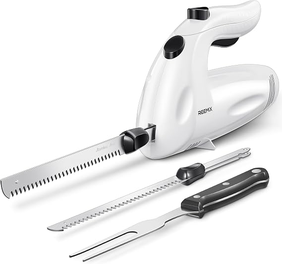Reemix Electric Knife With Handle, 150W Powerful Electric Knife Set for Carving Meats, Poultry, Bread, Serving Fork and 2 Carving Blades Included (White with Handle)
