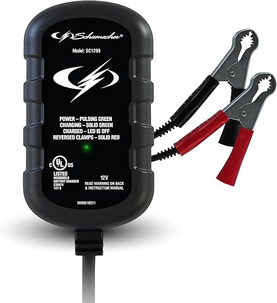 Schumacher Electric 0.8A Car Battery Charger and Maintainer, 2-in-1 Solution, for 12V Power Sport, Automotive, and Marine Batteries, SC1299