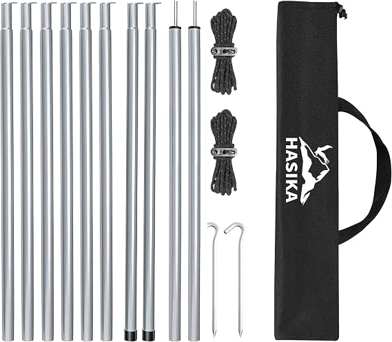 HASIKA 6.2ft Adjustable Tarp and Tent Poles, 2-Pack | Adjustable 30" to 74.8" 5-Section Poles. Complete Kit with Ropes and Stakes, Perfect for Camping Awnings and Rainflies
