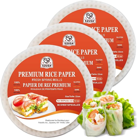 52USA Rice Paper, 3 Pack 102 Sheets, Spring Roll Wrappers & Dumpling | Gluten Free, Wonton Wrappers, Vegan, Low Carb, Vietnamese Rice Wraps (Round, 22cm)