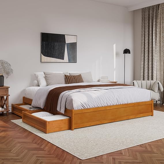 AFI, Barcelona King Panel Platform Bed with Storage Drawers, Light Toffee