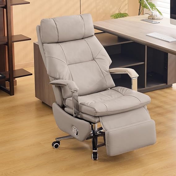 Big and Tall Executive Office Chairs with Footrest, Ergonomic 360 Swivel Desk Chair High Back Recliner, Manual 150 Reclining Computer Gaming Chair with Wheels for Home Office Faux Leather, Khaki