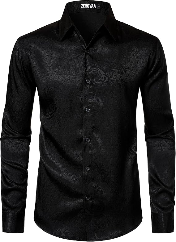 ZEROYAA Men's Satin Rose Floral Jacquard Dress Shirt