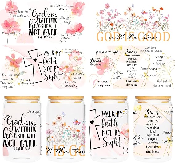 UV DTF Cup Wraps Sticker - 4 Sheets Bible Flower UV DTF Transfers for 16 OZ Glass, Floral, Inspirational Quotes, Bible Verse, Christian Gifts, Waterproof Rub on Transfers