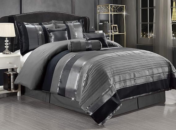 Grand Linen 7-Piece Cal King Chenille Comforter Set Grey/Silver Stripe