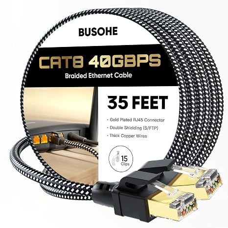 BUSOHE Cat 8 Ethernet Cable 35 FT, High Speed 40Gbps 2000Mhz Braided Network Internet Cable with Gold Plated RJ45 Connector, Heavy Duty LAN Cable S/FTP UV Resistant for Router/Gaming/PC, 15 Clips