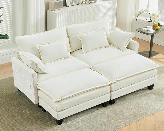 Double Layer Corner Sofa Modular Sofa Living Landscape L-Shape Cloud Couch with Ottoman Chenille Fabric Corner Sofa with Sleep Function for Living Room Bedroom (Beige 2 Seater)