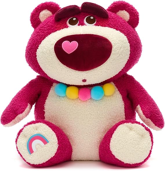 Disney Store Official Lotso Large Soft Toy, Toy Story, 34cm/13”, Cuddly Plush Villain Figure, Pink Teddy Bear Features Rainbow Embroidery and Colourful Pom-Pom Necklace
