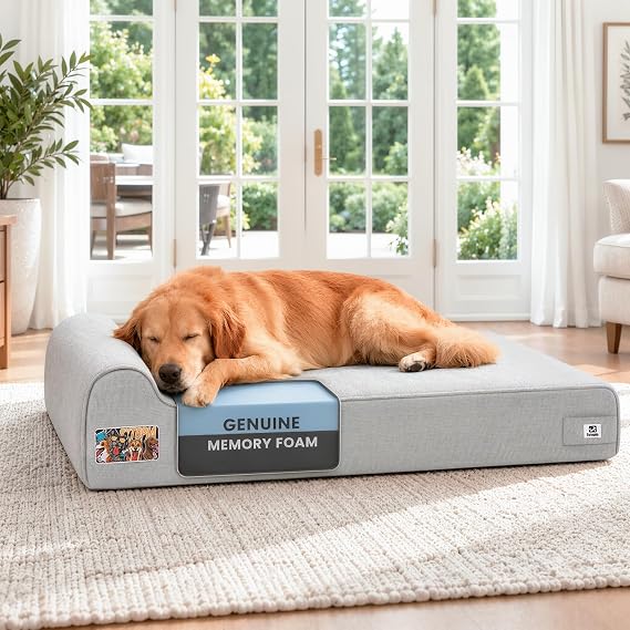 Sytopia Orthopedic Dog Beds for Extra Large Dogs, 7" Extra Thick Memory Foam Canvas Pet Bed with Durable Chew Proof Fabric Cover, Waterproof Liner & Washable Cover, Nonskid Bottom, Light Grey