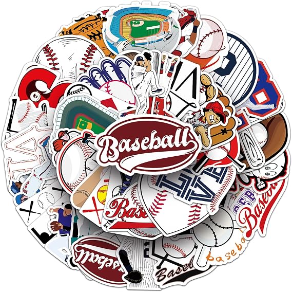 50Pcs Baseball Stickers, Waterproof Vinyl Baseball Themed Stickers for Kids Teens Adults, Cool Sports Decals for Water Bottles Laptops, Scrapbook, Skateboard, Baseball Lover Gifts for Players and Fans