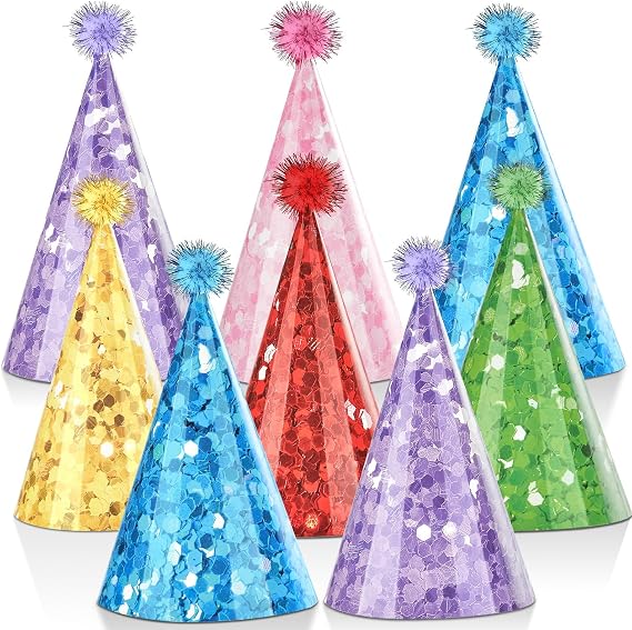 CHUNNIN 24PCS Printed Glitter Cone Hats Colorful DIY Assembly Birthday Party Hats with Pompoms Colorful Paper Headwear for Kids Adults Celebration Birthday Baby Shower Bridal Party Shower Decorations