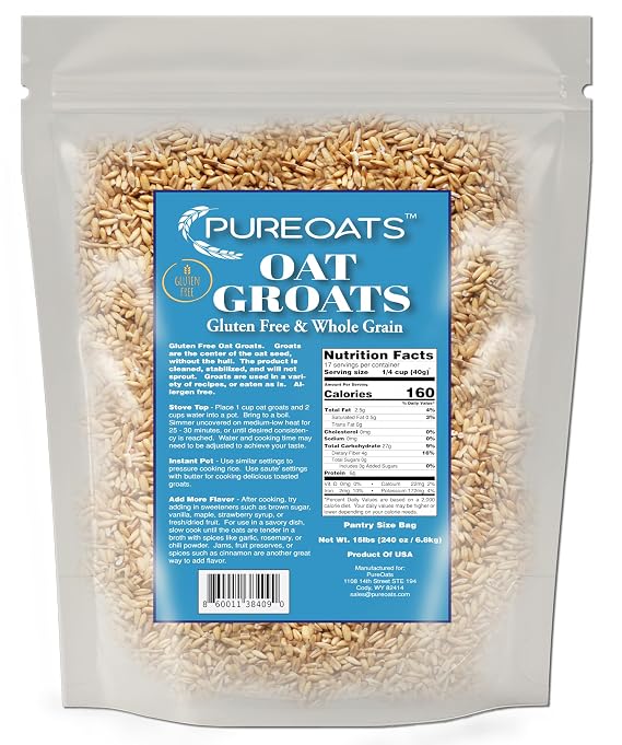 PureOats Gluten Free Oat Groat Oats, Whole Grain, 15 lb Pantry Size Bag, 100% Whole Grain, Vegan, Allergen Free for Healthy Breakfast and More