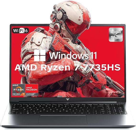 KAIGERR 2025 Gaming Laptop, Laptop with AMD Ryzen 7 7735HS (8C/16T, Up to 4.75GHz), 16GB DDR5 512GB NVMe SSD Laptop Computer, Up to 4TB, 16-inch FHD Display, WiFi 6, Backlit KB, Type-C, Dual Fans