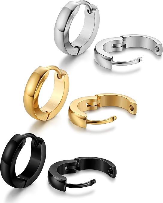 Jstyle 3Pairs Hypoallergenic 316L Stainless Steel Hoop Earrings 12/16/20MM | Silver Gold Black Hoop Earrings Set for Men Women Non Tarnishing Comfort Fit Sleeper Earrings Lightweight Trendy Jewelry Gift