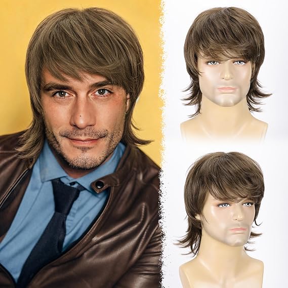 Mens Brown Wig Short Brown Wigs for Men Males Natural Fluffy Synthetic Heat Resistant Fiber Light Brown 80s Men Wigs for Halloween Cosplay Use