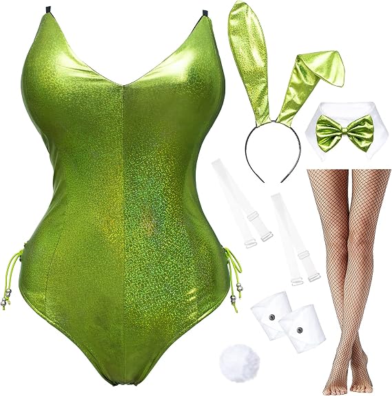 Womens Bunny Costume Girl Bodysuit Holographic Shining Suit Sparkle Costume Senpai Cosplay Bodysuit One Piece stockings Set