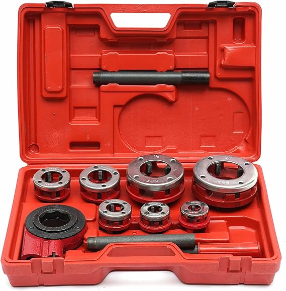 Ratchet Pipe Threader Kit, Ratcheting Pipe Threading Tool Set, Manual Threading Tool Reversing Knob with Case, Dies 3/8", 1/2", 3/4",1", 1-1/4", 1-1/2", 2"