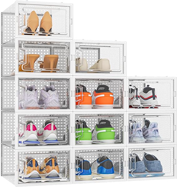 Shoe Storage Box, 12 pcs Stackable Shoe Boxes Clear Plastic, Fit UK 9.5