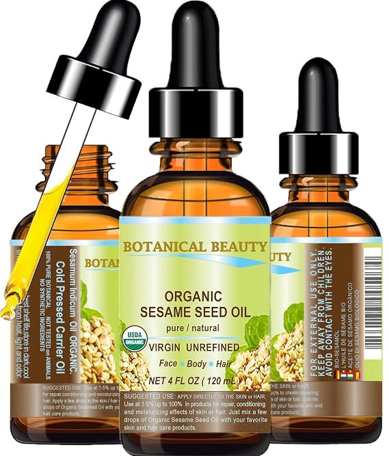 Botanical Beauty Organic SESAME SEED OIL 100% Pure Natural Virgin Unrefined Undiluted Cold Pressed Carrier Oil for Face, Skin, Body, Hair, Massage, Nails (4 Fl Oz 120 ml)
