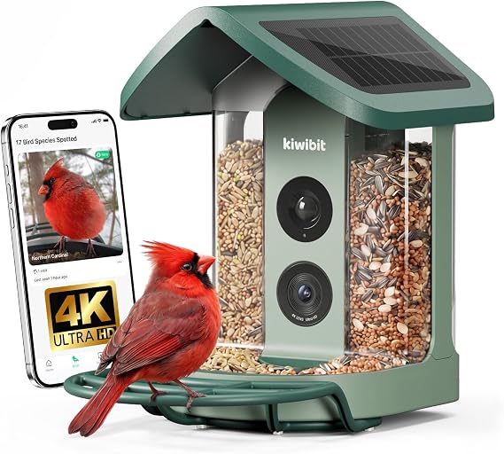 Kiwibit Solar Smart Bird Feeder with Camera, 4K HDR Live Video, AI Bird IDs