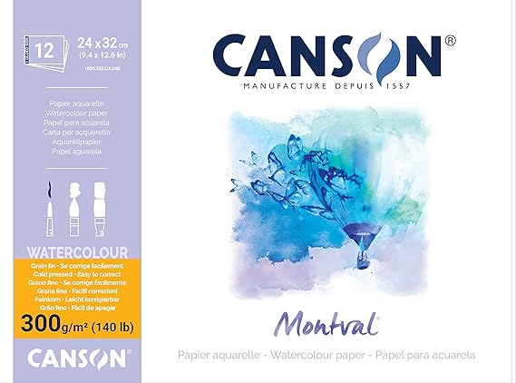 Canson Montval 300gsm watercolour practice paper pad including 12 sheets, size:24x32cm, natural white and Cold Pressed (Not)