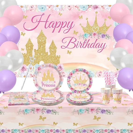 Princess Birthday Party Supplies, Includes Backdrop Banner, Plate, Napkins, Cake Toppers, Crown, Wands, Tablecloth, Balloons, for Girls Princess Baby Shower Decorations Serve 20 Guests (Style B)