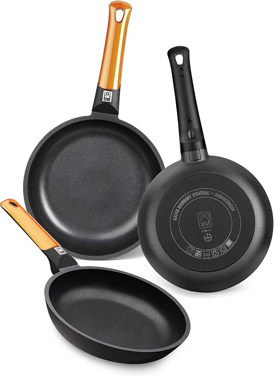 BRA Efficient Orange Set of 3 Frying Pans 20-24-28 cm Cast Aluminium