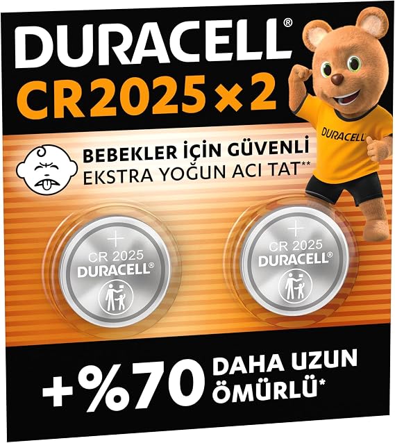 DURACELL CR 2025 Lityum Düğme Pil (2’li paket) – 3V (CR2025) | %70’e Kadar Daha Uzun Ömür - Bebek Güvenlik Teknolojisi – Apple AirTag kullanımı, Anahtarlıklar, Ev Cihazlarında Kullanım