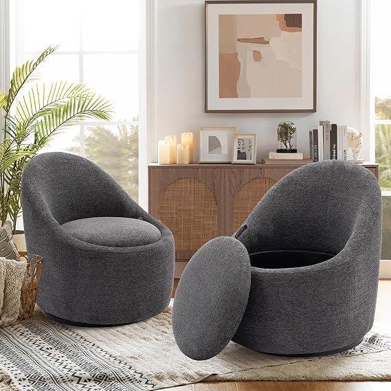 COLAMY Swivel Accent Chair Set of 2, 360 Swivel Chair with Hidden Storage, Modern Small Barrel Swivel Armchair for Living Room/Bedroom, Dark Grey