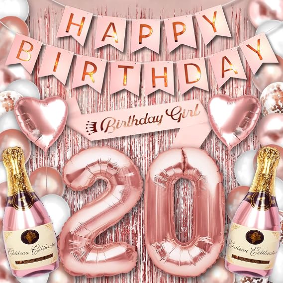20 Party Supplies for Her Rose Gold 20th Birthday Decorations for Women and Girls with Happy Birthday Balloon Banner and Digit Balloons Including Latex and Confetti Balloons