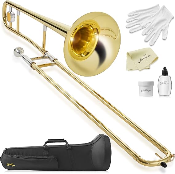 Ashthorpe Bb Tenor Slide Trombone with Gold Lacquer Finish - Includes Case, Mouthpiece, Gloves, Cleaning Cloth, Slide Grease