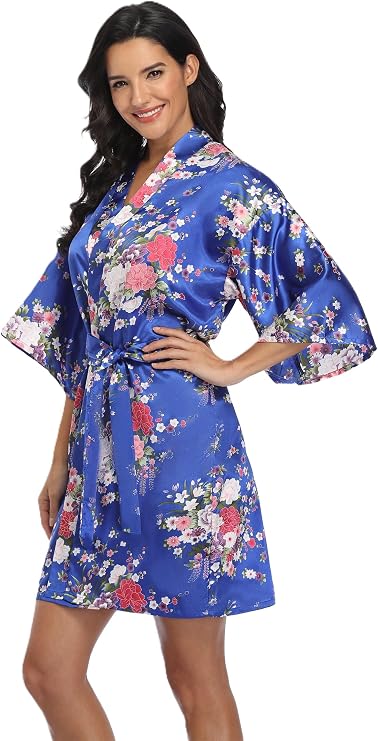 Super Shopping-zone Women's Floral Short Satin Bridesmaid Robes Silky Bride Robes Getting Ready