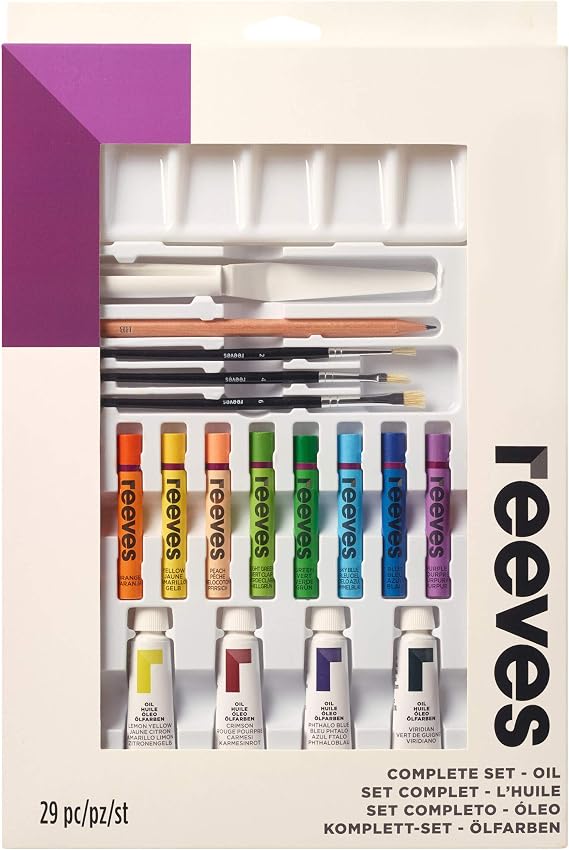 Reeves Oil Paint Set - 29 Piece Set for Artists, Students & Hobbyists - 10ml Oil-Based Colors, Oil Pastels, Brushes & Mixing Pallete