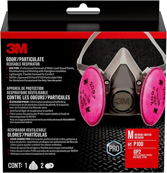 3M P100 Performance Mold & Lead Paint Removal Respirator, Medium Size, NIOSH-APPROVED P100 Rated Filter, Carbon Layer Helps Reduce Odor Nuisance, Lightweight, Adjustable Head Straps (6297P1-DC)