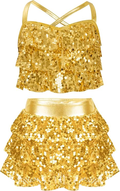 Kids Girls 2 Piece Jazz Latin Dance Outfit Metallic Halter Crop Top with Skirt Set Ballroom Performance Costume