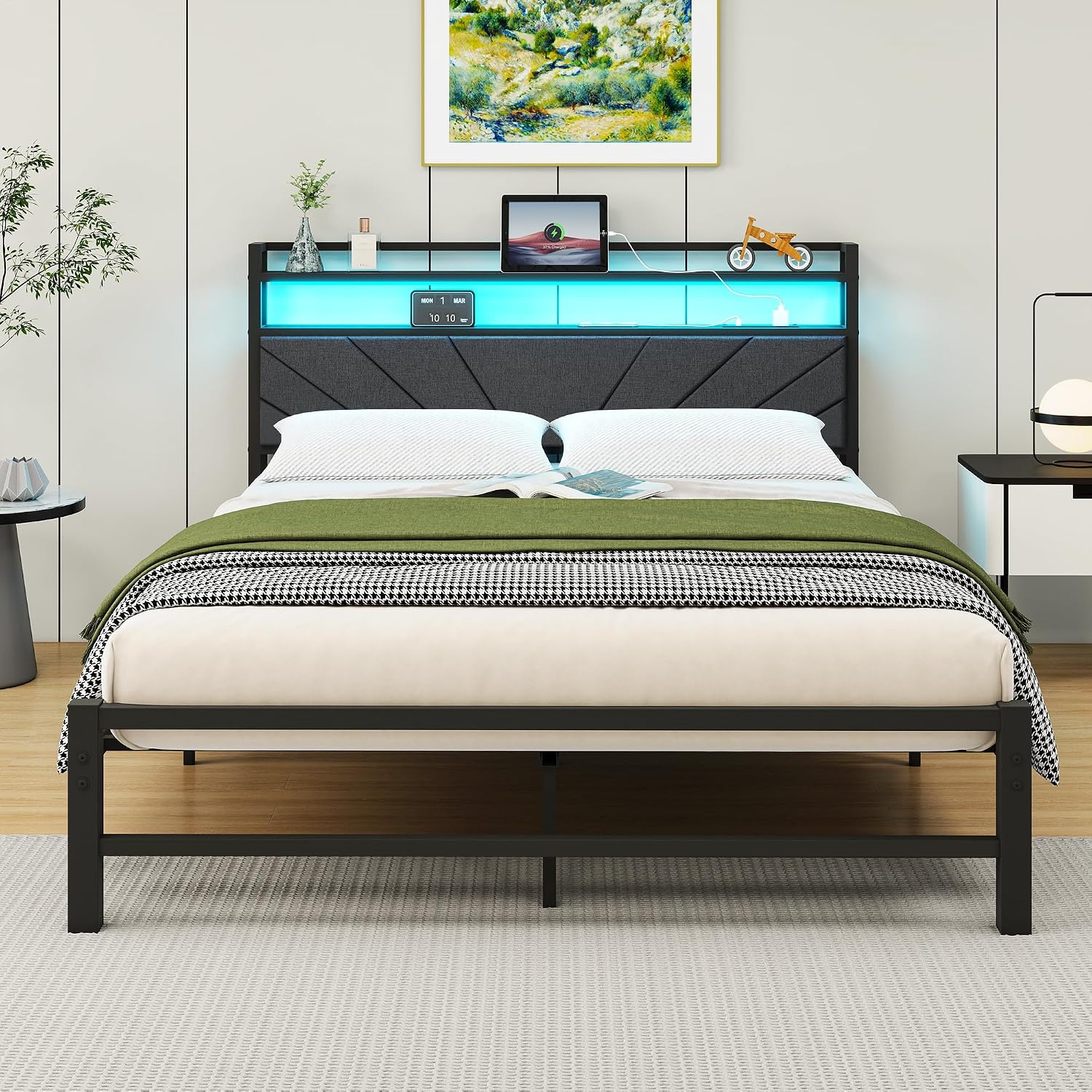 HOMERECOMMEND King Bed Frames with Upholstered Storage Shelf and LED Lights,Upholstered Bed Frame Double Size,Mattress FoundationStrong Steel Slat SupportUnder Bed StorageEasy Assembly