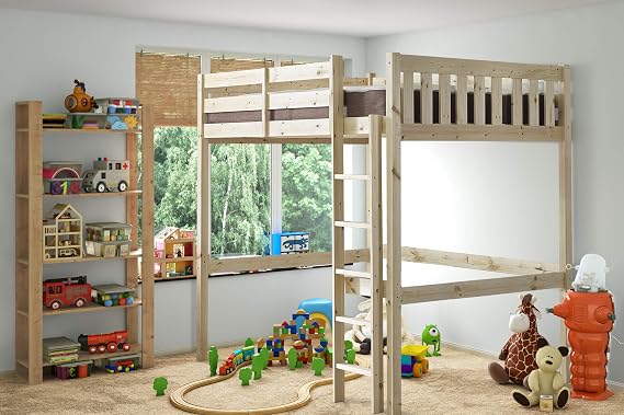 STRICTLY BEDS&BUNKS Eldon High Sleeper Loft Pine Bunk Bed, including Sprung Mattress (20 cm), 4ft 6 Doub