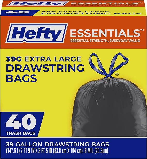 Hefty Essentials Extra Large 39 Gallon Trash Bags, Black, Unscented, 40ct | 39G Extra Large Black Trash Bags for Landscaping, Yard Waste, Basement Cleanouts, Home Remodeling, Drawstring Closure