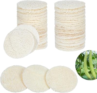 30 Pcs 2.17 Inch Natural Loofah Sponge Pads for Washing Face, Exfoliating Body Facial Scrub Pads for Makeup & Dead Skin Removal Cleansing Skin for Women and MenOne Side softened