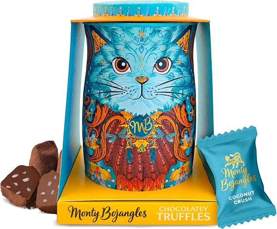 Monty Bojangles Spirit Blue Cocoa Dusted Chocolate Truffles Cat Tin (135g) - Coconut Crush Flavoured Luxury Chocolatey Truffles - Collectable Cat Tin, Truffles Chocolate Gift Box With Bespoke Design