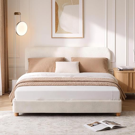 Double Boucle Bed Frame, Cloud Upholstered Platform Bed, Cream White | Adjustable Headboard, Sturdy Wood Legs, Rounded Corners, Easy Assembly